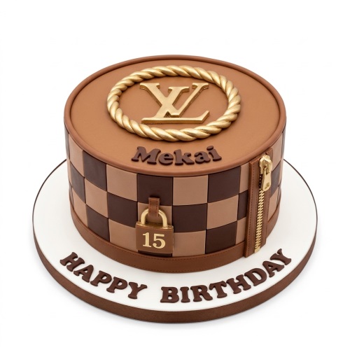 Round brown LV branded birthday cake with gold logo, checkerboard pattern, padlock, and zipper.