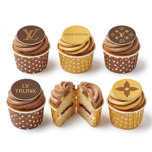 Six Louis Vuitton themed cupcakes with brown and gold frosting, featuring LV logos and text toppers, in polka dot cases.