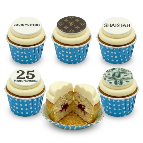 Luxury cupcakes with designer brand, money, and custom age birthday toppers in blue polka dot cases.