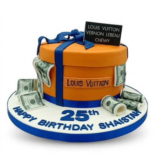 Orange and blue Louis Vuitton style gift box birthday cake with edible dollar bills and a custom age.