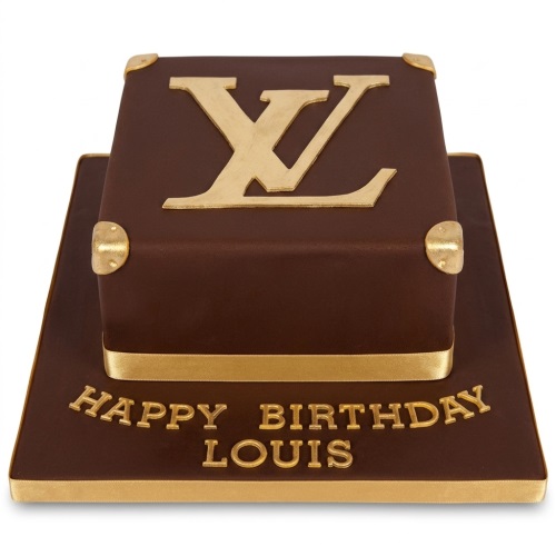 Brown and gold LV branded designer birthday cake with custom message board.