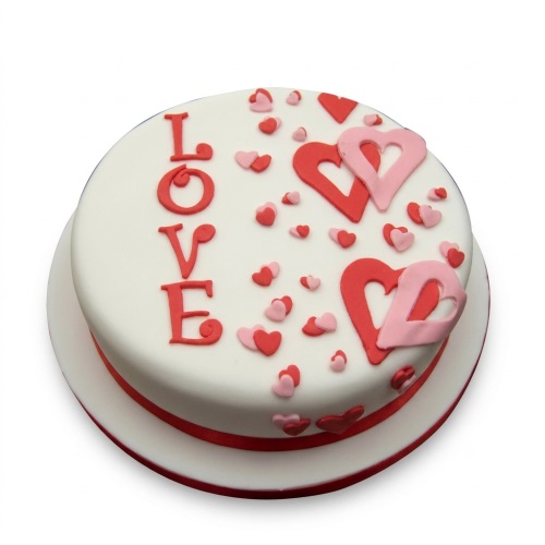 Round white cake with red "LOVE" text and scattered red and pink hearts.