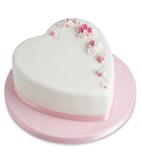 Heart-shaped white cake with pink and white sugar flowers and pearls, with a pink ribbon.