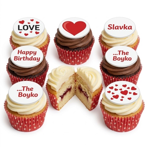 A selection of vanilla and chocolate cupcakes with personalised message and heart toppers.