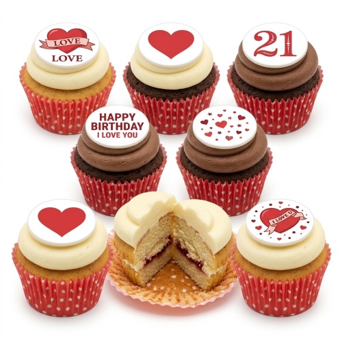 Vanilla and chocolate cupcakes with red heart toppers and custom age or message.