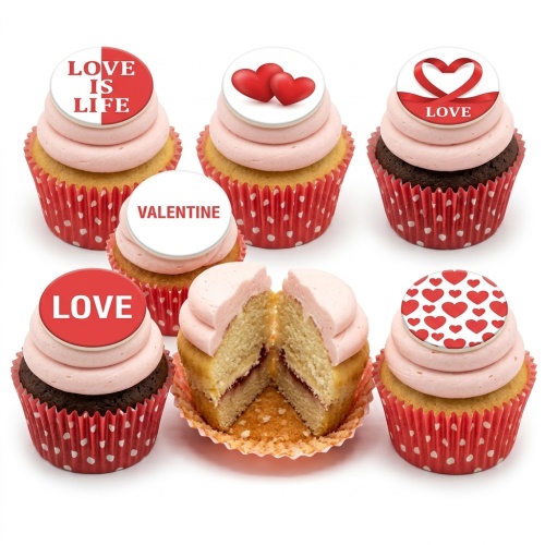 A selection of Valentine's Day cupcakes with pink frosting and red and white heart-themed toppers, including messages like 'LOVE IS LIFE' and 'VALENTINE'.
