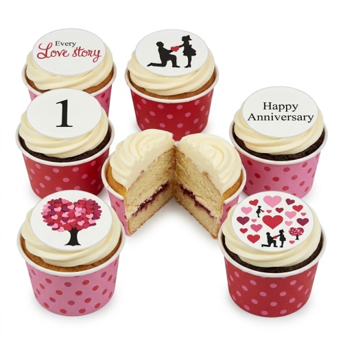 Anniversary cupcakes with romantic toppers, including a proposal silhouette, heart tree, and 'Every Love story' message, in red and pink polka dot wrappers.