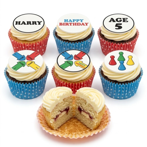 Ludo board game themed cupcakes with pawns, 'HOME' arrows, custom name, and age 5 toppers.