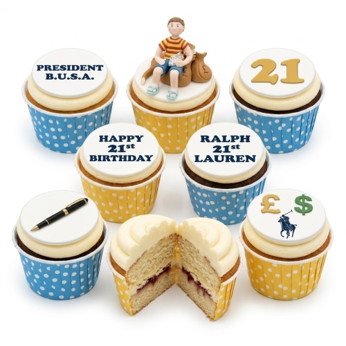 A set of 21st birthday cupcakes for him, featuring a man figure, money bags, a pen, a '21' topper, and luxury brand-inspired designs.