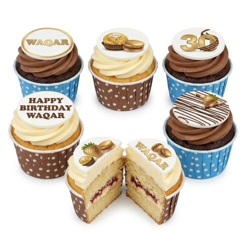 Assortment of personalised birthday cupcakes with custom name and age toppers, chocolate and vanilla frosting, and gold decorations.