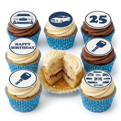 Assortment of car theme birthday cupcakes with car, car key, and custom age toppers