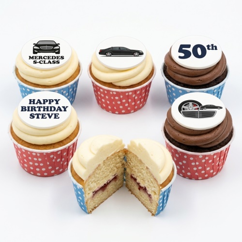 Six cupcakes with Mercedes S-Class car and car part edible toppers, one with a custom age topper and another with a personalised birthday message.