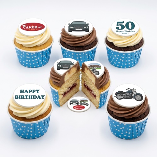 Assorted cupcakes with car and motorbike toppers and custom age birthday messages.
