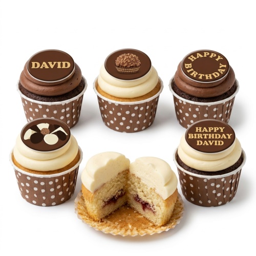 Chocolate and vanilla cupcakes with custom name and birthday message toppers