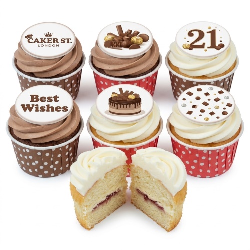 Assortment of chocolate and vanilla cupcakes with chocolate decorations, a custom age topper, and a 'Best Wishes' message.