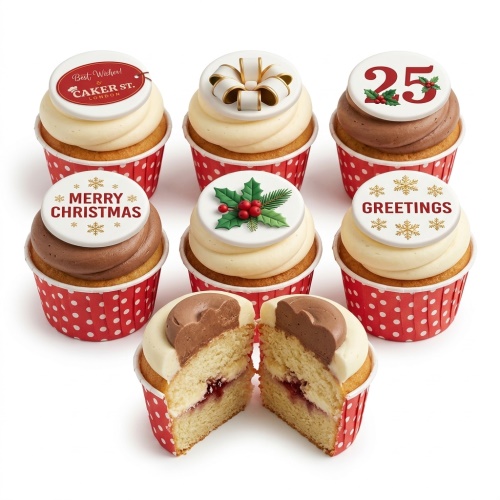 Assortment of Christmas cupcakes with holly, gift bow, and 'Merry Christmas' toppers.
