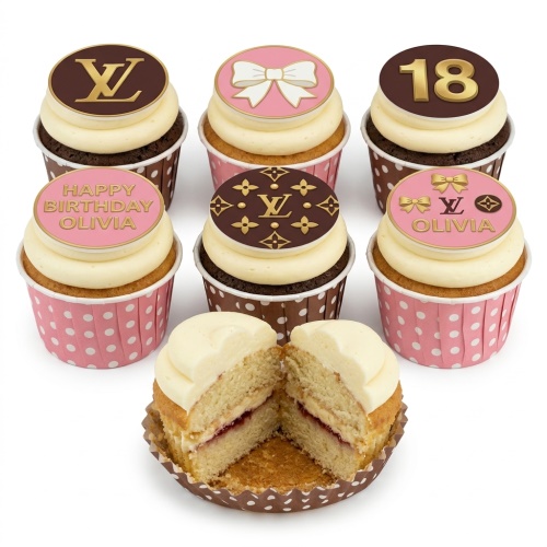 Set of designer style cupcakes with luxury brand patterns, bows, and custom age/name toppers in pink, brown, and gold.