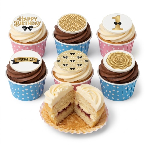 Assortment of elegant birthday cupcakes with gold and black bow toppers, gold pearls, a gold rose, and a custom age '1' topper, in pink and blue polka dot cases.