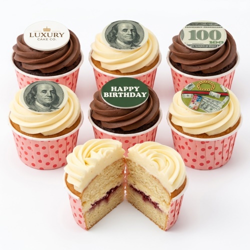 Cupcakes with money theme edible toppers, including Benjamin Franklin, $100 bill, and a 'Happy Birthday' message.