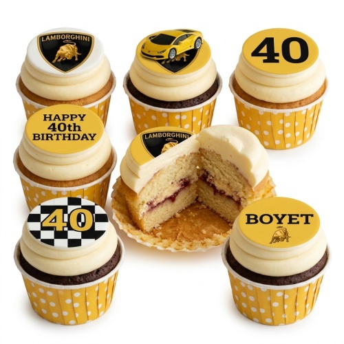 Lamborghini themed cupcakes with yellow sports cars, bull logo, and custom age toppers.