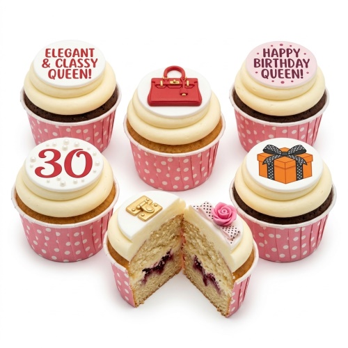 A set of elegant birthday cupcakes for women with red handbag, gift box, rose, and custom age topper.