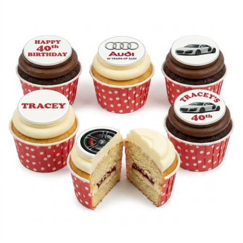 Audi themed birthday cupcakes with car images, wheel design, and custom text toppers.