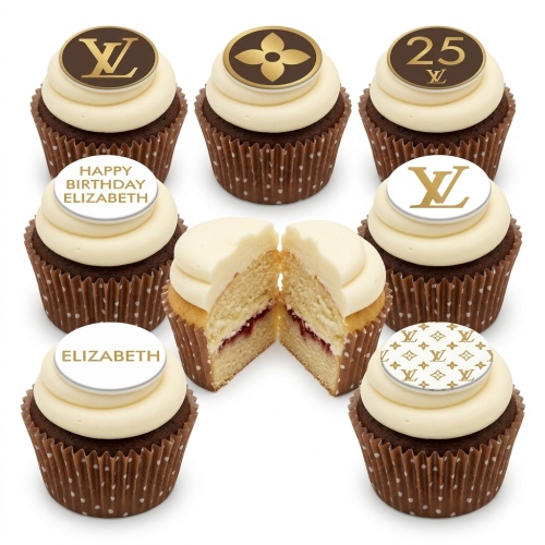 Brown cupcakes with white frosting and gold Louis Vuitton style logo and monogram toppers, with custom age and personalised name examples.