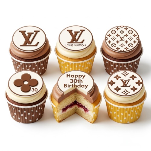 Six cupcakes with Louis Vuitton logos and monogram patterns, featuring customisable birthday toppers.