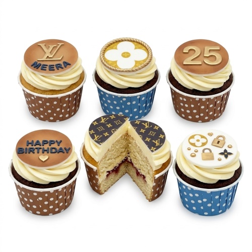 Six Louis Vuitton style cupcakes with cream frosting, custom age topper, and personalised name.