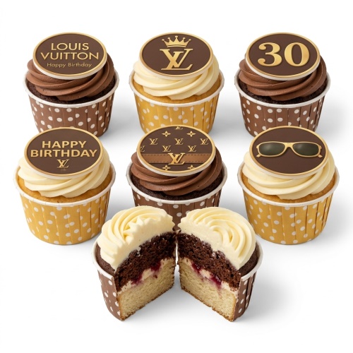 Louis Vuitton inspired cupcakes with brown and yellow frosting, featuring LV logos, a crown, sunglasses, and a number 30 topper.