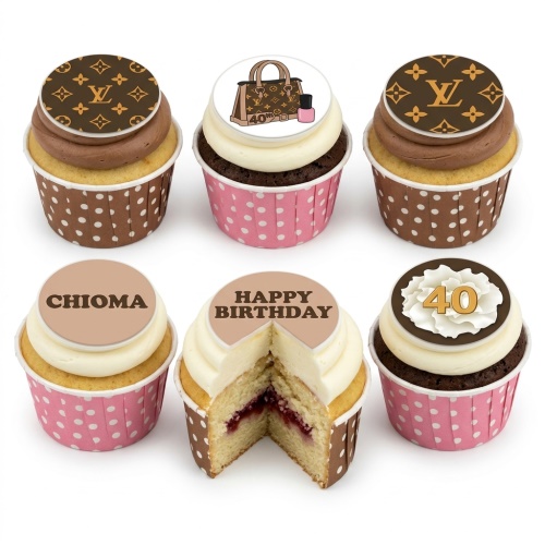 Collection of designer-style cupcakes with LV monogram, handbag, and customisable age and name toppers.