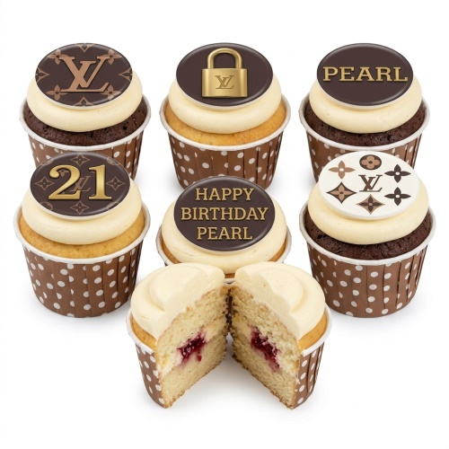 Set of luxury brand inspired cupcakes with cream frosting, brown and gold edible toppers, and polka dot cases, one cut open to show jam filling.
