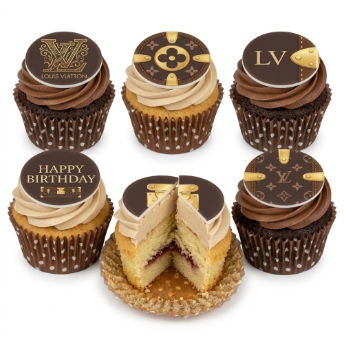 Six Louis Vuitton themed cupcakes with edible designer logos and brown and beige frosting.