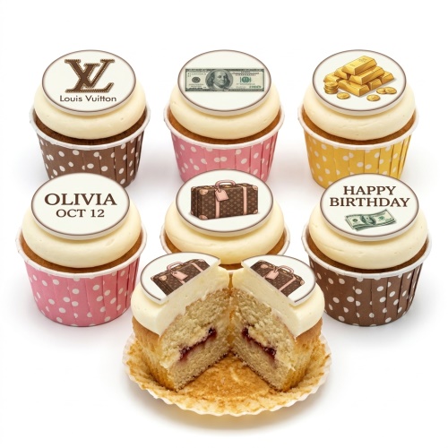 Set of luxury theme birthday cupcakes with Louis Vuitton logo, money, gold bars, and suitcase toppers.
