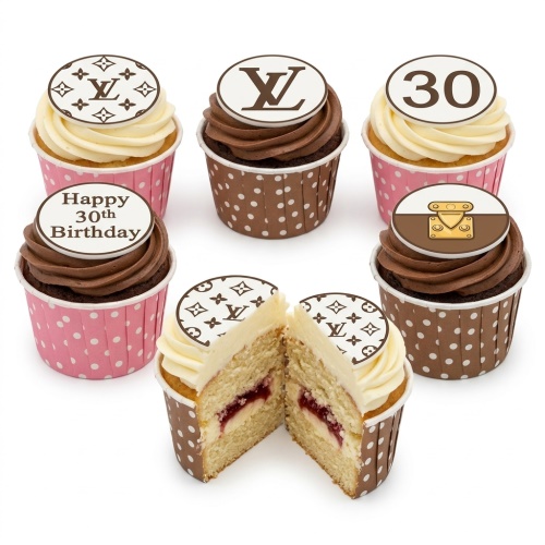 Assortment of luxury brand style birthday cupcakes with custom age and message toppers.