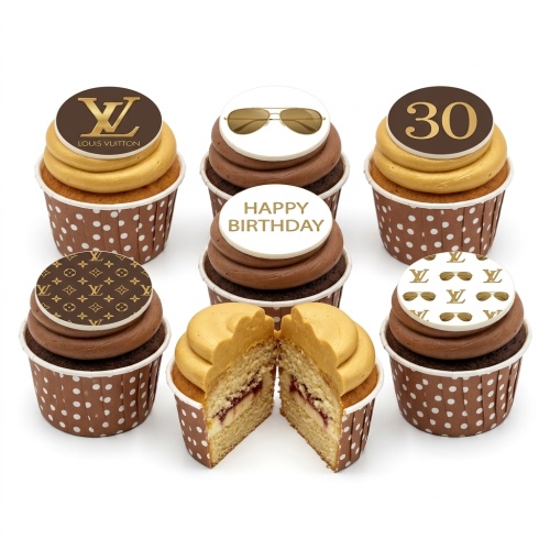 Louis Vuitton theme birthday cupcakes with gold logos, sunglasses, and custom age topper