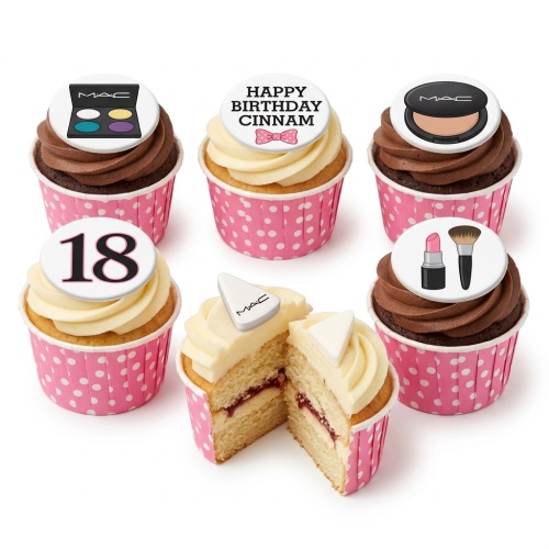 A set of six MAC makeup themed birthday cupcakes in pink polka dot cases, with custom age and personalised message toppers.