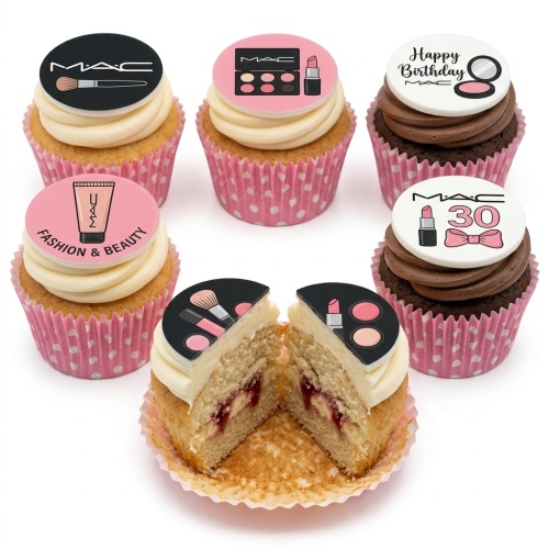 MAC Cosmetics themed birthday cupcakes with makeup designs, including lipstick, eyeshadow, and a custom age topper.