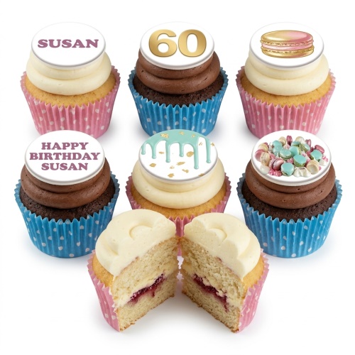 Set of birthday cupcakes with custom age topper, macaron, and drip icing designs.