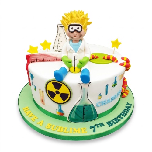 Round white cake with mad scientist figure, lab equipment, and custom age birthday message.
