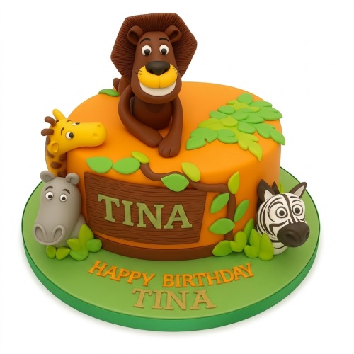 Round orange cake with 3D fondant lion, giraffe, hippo, and zebra, with green leaves.