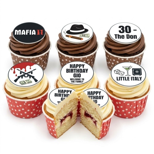 A selection of gangster-themed birthday cupcakes with various edible toppers, including a fedora, guns, dice, and customisable messages.