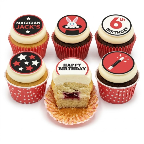 Six magician theme cupcakes with rabbit, magic wand, stars, and birthday toppers.