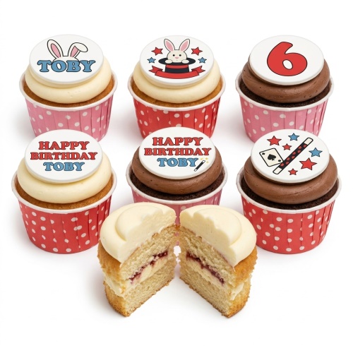 Magic themed cupcakes with rabbit in hat, magic wand, and playing card decorations, featuring custom age topper.