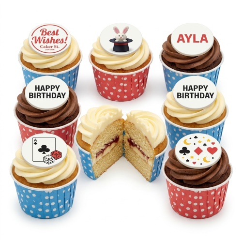Assortment of casino and magic themed cupcakes with playing cards, dice, and rabbit in hat toppers.