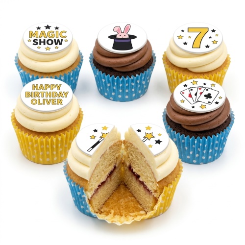 A set of magician theme birthday cupcakes with rabbit in hat, playing cards, magic wand, and custom age/name toppers.