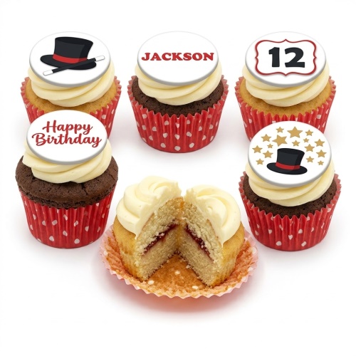 Six magic theme birthday cupcakes with top hat, wand, stars, and customisable name and age toppers.