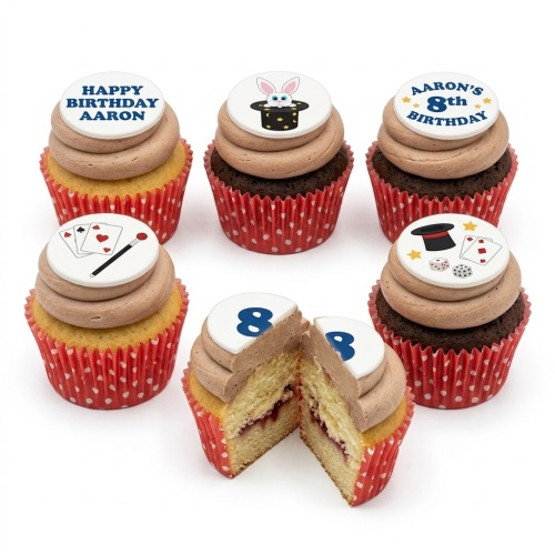 Magic theme birthday cupcakes with bunny in hat, playing cards, dice, and custom age toppers.
