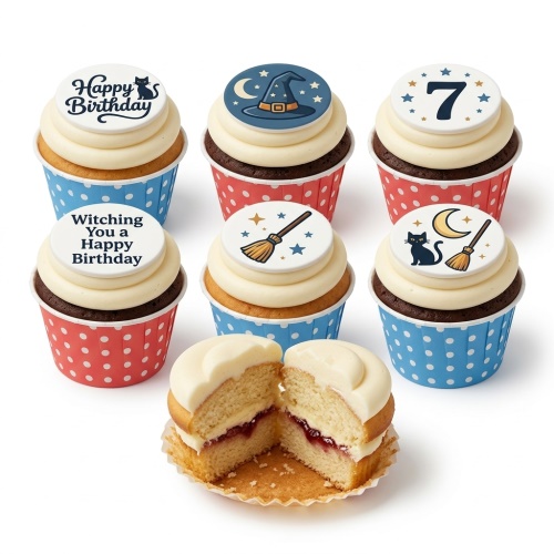 Witch theme birthday cupcakes with witch hats, broomsticks, black cats, moons, stars, and custom age topper.