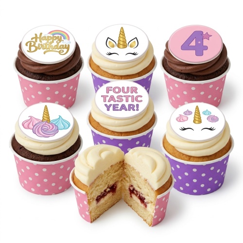 Unicorn themed birthday cupcakes with 'Happy Birthday' and custom age '4' toppers, in pink and purple cases.